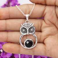 Owl Face Pendant Necklace, Silver Pendant Necklaces, Black Onyx Necklaces, Owl Necklace Handmade in 