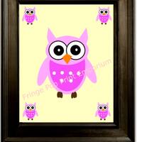 Owl Illustration Art Print 8 x 10 - Children's Book Cartoon Owl - Woodland Creature - Pink Digit