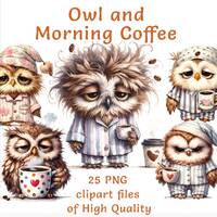 Sleepy owl clipart bundle, Watercolor bird stickers, Commercial use cafe decor, Sublimation print mo