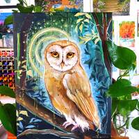 Cosmic Owl, hand-painted original art, owl art, art for your home