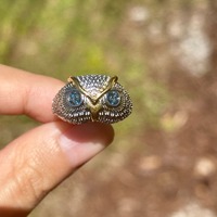 Natural blue topaz owl adjustable ring