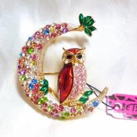 RARE Betsey Johnson Owl & Moon Pin / Pendant Pastel Rainbow + Red Enamel Bird NOS NWT Perfect Co