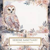 Watercolor Owl & Florals Digital Paper, Nature Art Background for Scrapbooks, Junk Journals, Bot