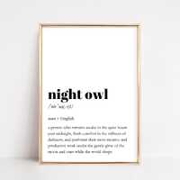 Night Owl Definition Print | Dictionary Wall Art | Nocturnal Person Decor | Gift for Writer | Midnig
