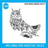 Boho Style Owl and Sunflower Hat Burning Design, Owl Flowers Hat Stencil Pattern For Wide Brim Hats,