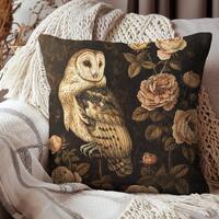William Morris Style Barn Owl Pillow: Vintage Floral Cottagecore Decor, Wildlife Accent Pillow
