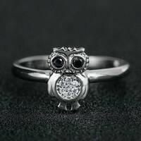Owl Ring: Black & White Sapphire, Sterling Silver Bird Ring