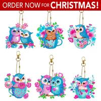 6pc Assorted Owl Diamond Paint Keyring Kit for Adults - Double Sided Rhinestone Craft Pendant with C