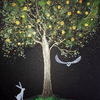 Mystical Print, White Hare, White Owl, Shimmering Art, Mystical
