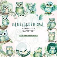 Blue Green Owl Watercolor Clipart | Baby Shower Nursery (Digital Download)
