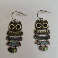 Enameled Cloisonne' Owl Dangling Pierced Earrings, Antique Goldtone Nickel Free Wires