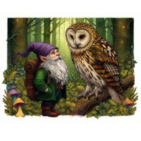 Barn Owl And Forest Gnome Digital Illustration JPG Printable 13WX10H Inch Forest Creatures Wall Art 