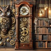 Steampunk Clock Owl Gears Chains Library Books Office Digital Download A4 Rice Paper Decoupage Journ