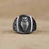Handmade Owl Night Bird Modern Silver Men Ring, Nocturnal Animal Symbol of Wisdom Unique Ring Weddin