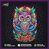 Colorful Owl Shine Psychedelic T-shirt Design for Printing, Sticker, High Resolution, PSY Vector Fil