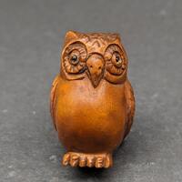 1 hand carved boxwood ojime: Owl, standing owl, symbol of wisdom, wood owl bead, wood owl charm, ver