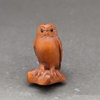 1 hand carved boxwood ojime: Owl, standing owl, symbol of wisdom, wood owl bead, wood owl charm, ver