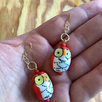 Ceramic Owl Earrings.  14k Gold Plated French Hooks.