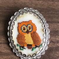 vintage owl petit point brooch