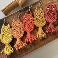 Handmade Macrame Owl Keychain: Boho Bag Charm with Wooden Beads