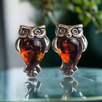 Owl Earrings Baltic Amber Sterling Silver Stud Earring Women, Small Gemstone Dainty Tiny Owl Lover J