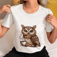 Owl Coffee Lover T-Shirt - Unique Boho Illustration Unisex Tee Top for Casual Wear, Perfect Gift for