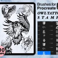 200 procreate owl stamps | procreate brushes | tattoo style | Save your time and explore now