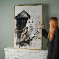 White Owl Watercolor Painting Print: Nocturnal Bird Canvas Wall Art, Abstract Raptor Decor