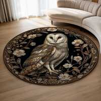 Barn Owl Round Rug, Nocturnal Woodland Bird Decor, Botanical Gothic Tapestry Style