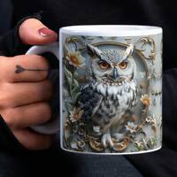 Floral Owl Mug Wrap, 3D White and Grey Owl 11oz & 15oz Mug Sublimation Design, Instant Download 