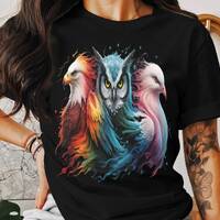 Colorful Eagle Owl and Dove Fusion Art T-Shirt, Unique Bird Lovers Graphic Tee, Unisex Fashion Top, 