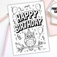 Happy Birthday Owl Printable Coloring Card | Digital Download Coloring Page | Owl Lover Birthday Col
