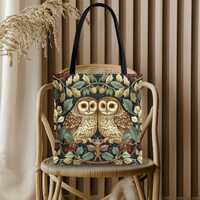 Botanical Barn Owls Tote Bag, William Morris Inspired, Whimsical Woodland Bird Market Bag