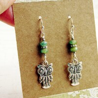 Silver Boho Owl Dangle Earrings, Green Blue Peruvian Opal Picasso Bead Earrings, Owl Jewelry, Owl Gi