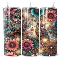 Boho Owls Tumbler Wrap,Skinny Tumbler Sublimation Design,Straight Tumbler Wrap,Flowers PNG Wrap,Summ