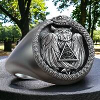 Snake Ouroboros Owl Eye Of Providence Masonic Symbol Ring 925 Sterling Silver Adjustable Unique Desi