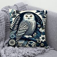 Snowy Owl Throw Pillow Cover - Elegant Cotton Linen Pillowcase with Intricate Botanical Design - Dec