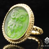 Owl Signet Ring 24K Gold Plated 925 Silver Glass Intaglio Rope Twist Ring Handmade Turkish Fine Jewe