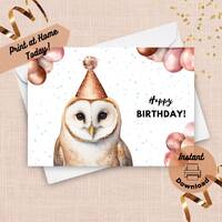 Printable Barn Owl Birthday Card, Instant Download, Print at Home Card, White Woodland Nature Animal