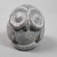 Carved Grey Stone Owl Round Paperweight Heavy Figurine
