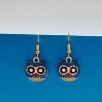 Enamelled Owl earrings, woman's pierced earrings, colourful earwear, owl lover's gift, pouch