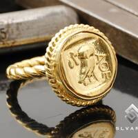 Owl 24K Gold Plated 925 Silver Ancient Greek Signet Silver Coin Ring Handmade Unique Dainty Minimali