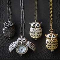 Owl Watch Necklace with Wings That Open to Reveal Working Timepiece - Choose Gold, Brass, Gunmetal o
