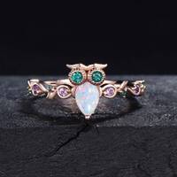 Gold Owl Engagement Ring Vintage Pear Cut Opal Ring Emerald Amethyst Wedding Ring October Birthstone