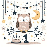 Owl First Birthday Party Digital Print, Cute Owl on Branch with Stars and Moon Illustration