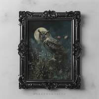 Horned Night Owl Art Printable Wall Art, Full Moon Dark Moody Forest Woodland Art Oil Painting, Dark