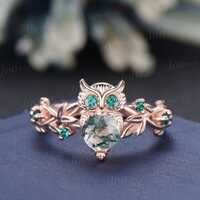 Unique Owl Branch Engagement Ring with Emeralds Twig Ring Forest Green Moss Agate Engagement Ring, F