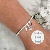 Sterling Silver Owl Bracelet, Graduation Gift, optional Birthstone & Initial Charms