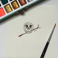 Mini original baby owl painting, tiny watercolor miniature cute small owl, adorable big eyes Fluffy 