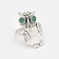 Large Owl Ring, Natural Emerald Ring, Silver Emerald Ring, Green Gem Ring, Silver Owl Ring, Statemen